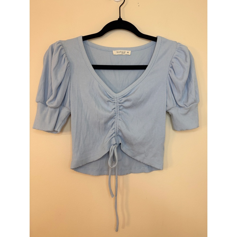 Illa Illa Women Light Blue Ribbed Ruched Puff Sleeve V-Neck Crop Top Size M